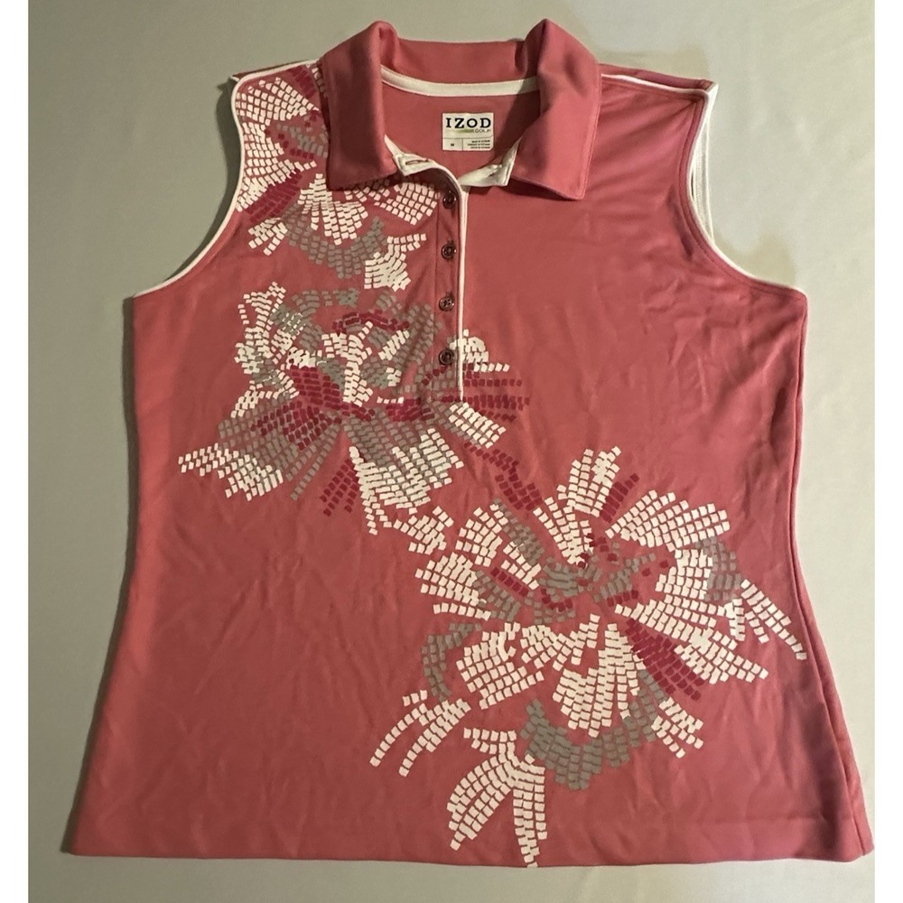 IZOD Golf Women's Sleeveless Polo Shirt Pink Floral Print Size Medium‎